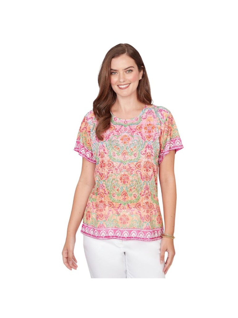 NWT Ruby Rd Damask Print Knit Scoop Neck Short Sleeve Tee Fuschia Pink Multi 1X